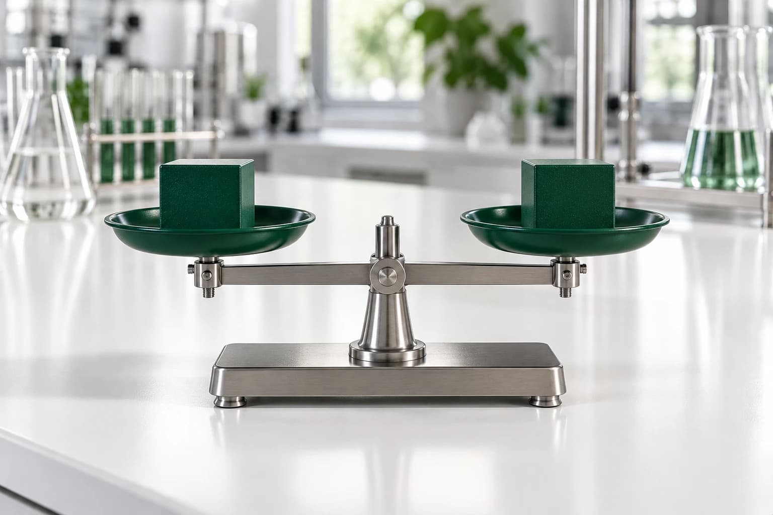 A two-pan balance with an identical deep-green cube in each pan and its beam level, on a white lab bench.
