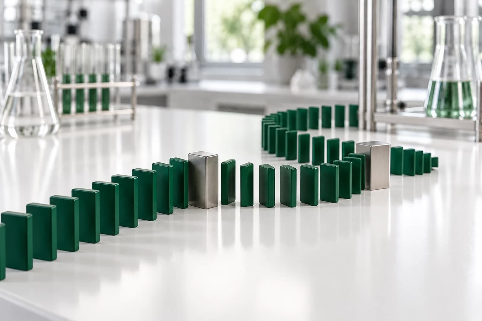 A curving line of deep-green tiles standing on end like dominoes, interrupted at two points by steel blocks, on a lab bench.