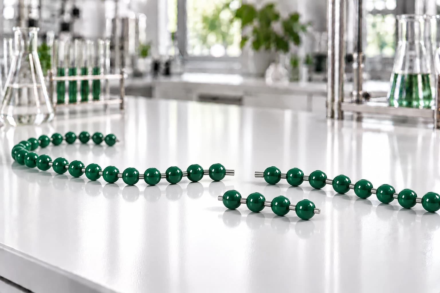 A long string of deep-green beads curving across a white lab bench, with a short section lifted out and laid beside the gap.