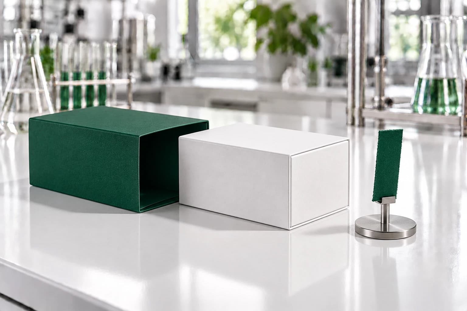 A white box on a lab bench with its deep-green outer sleeve slid off beside it, and a small strip of that sleeve standing on its own on a steel stand.
