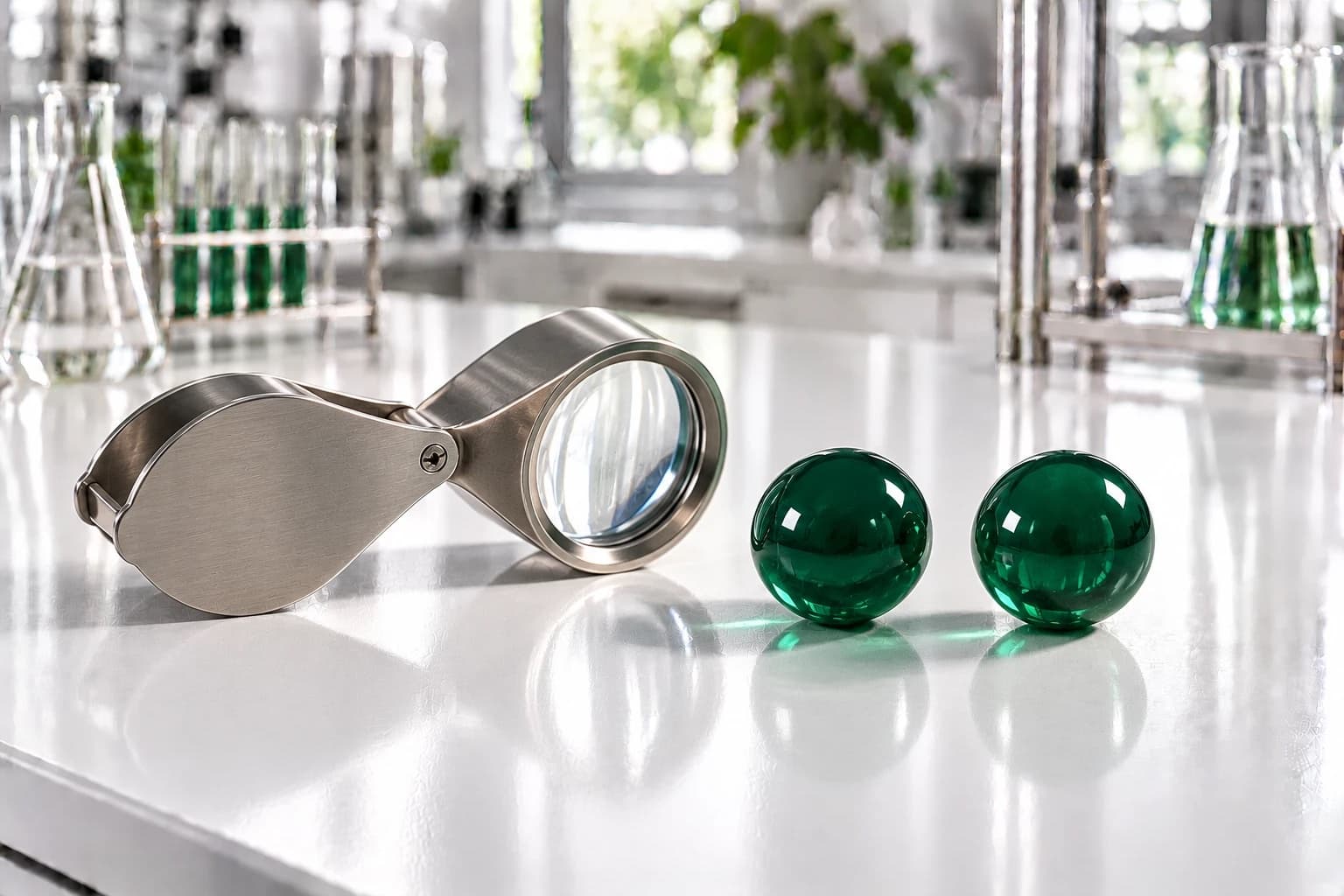 A brushed-steel jeweller's loupe beside two identical deep-green glass spheres on a white lab bench.