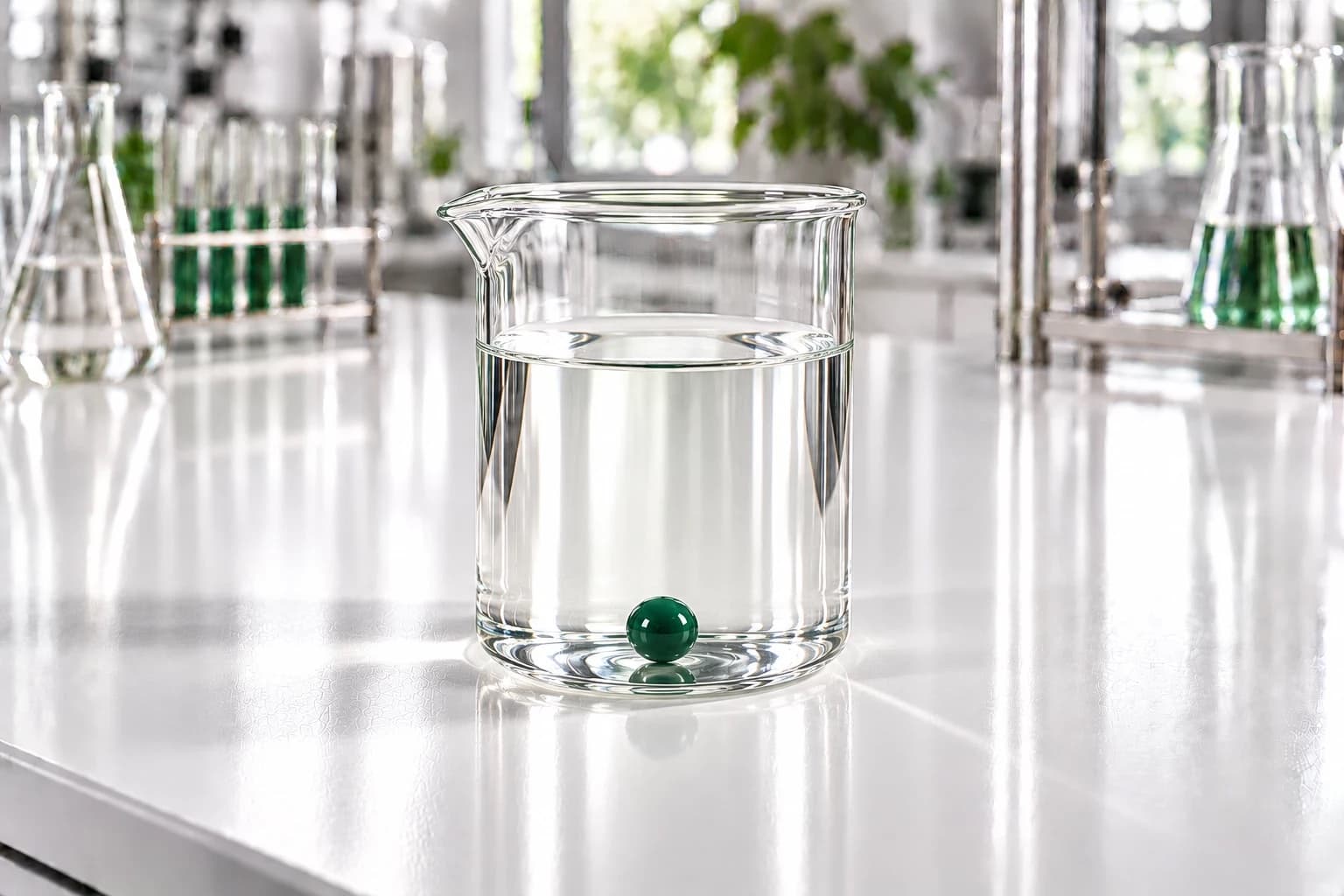 A clear glass beaker of water-clear liquid on a lab bench, with one small deep-green bead resting at the bottom.