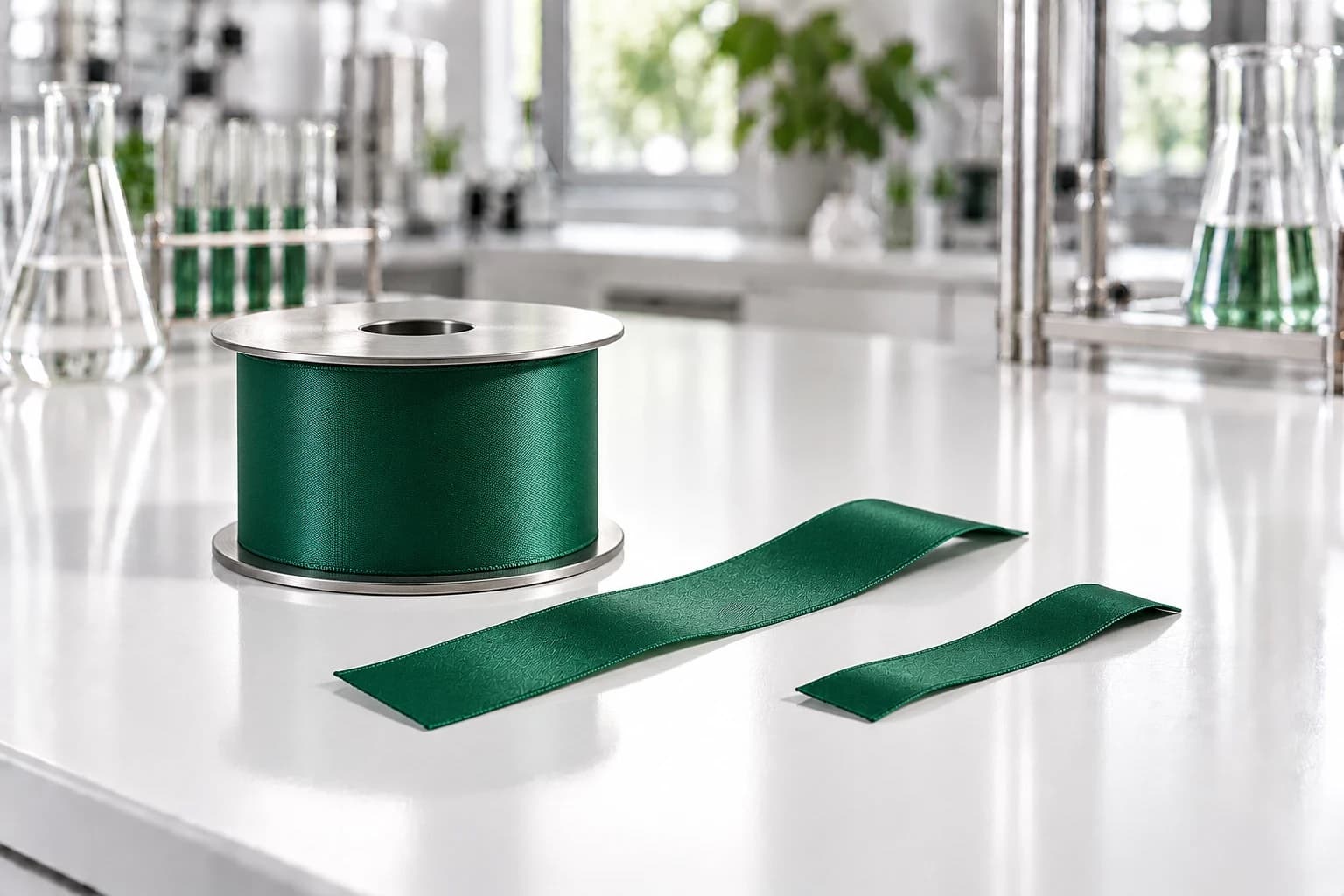 A spool of deep-green ribbon on a lab bench, with two cut pieces of different lengths lying in front of it.