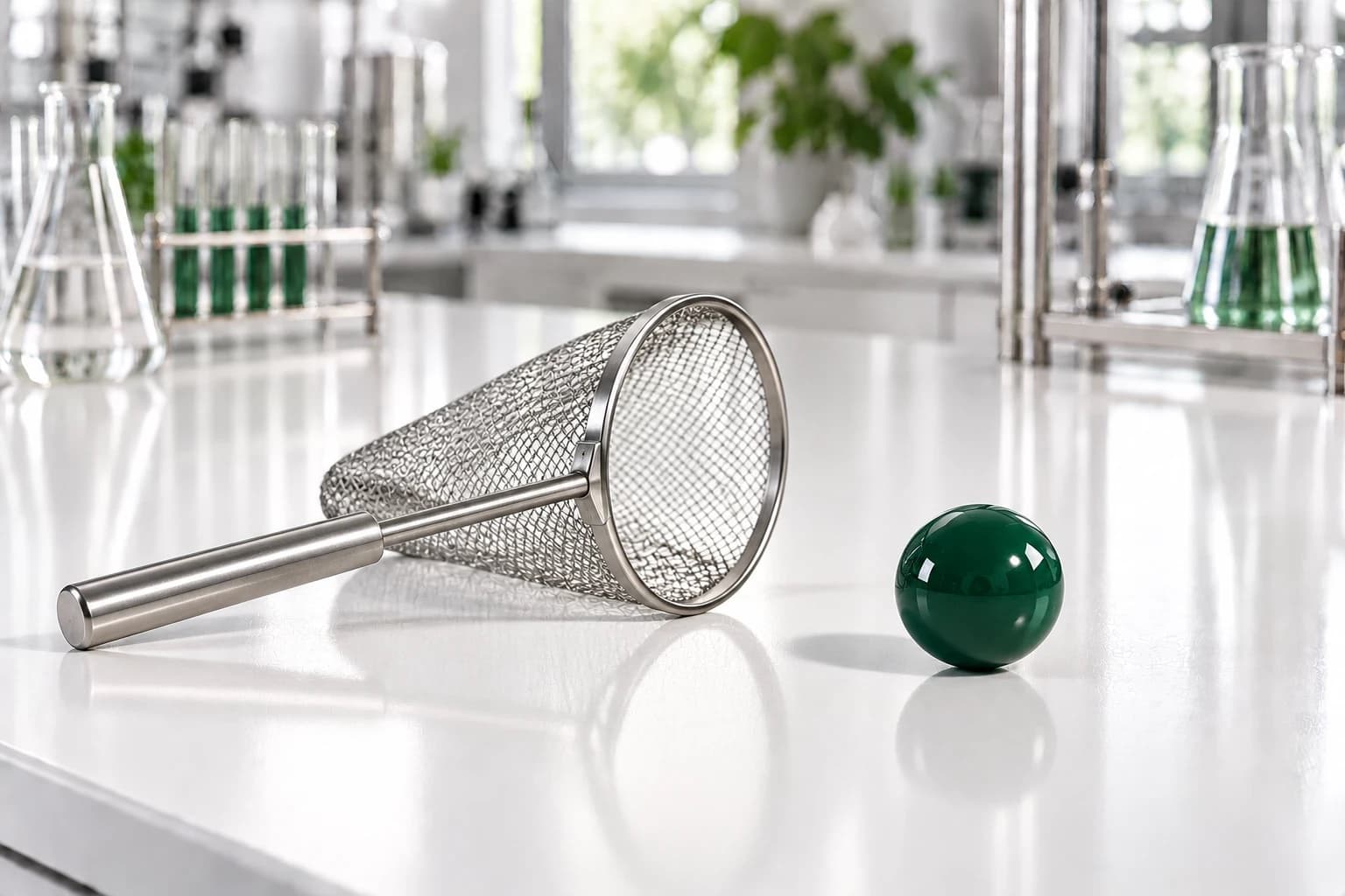 A steel mesh net lying on a white lab bench, with a deep-green sphere resting just beyond it.