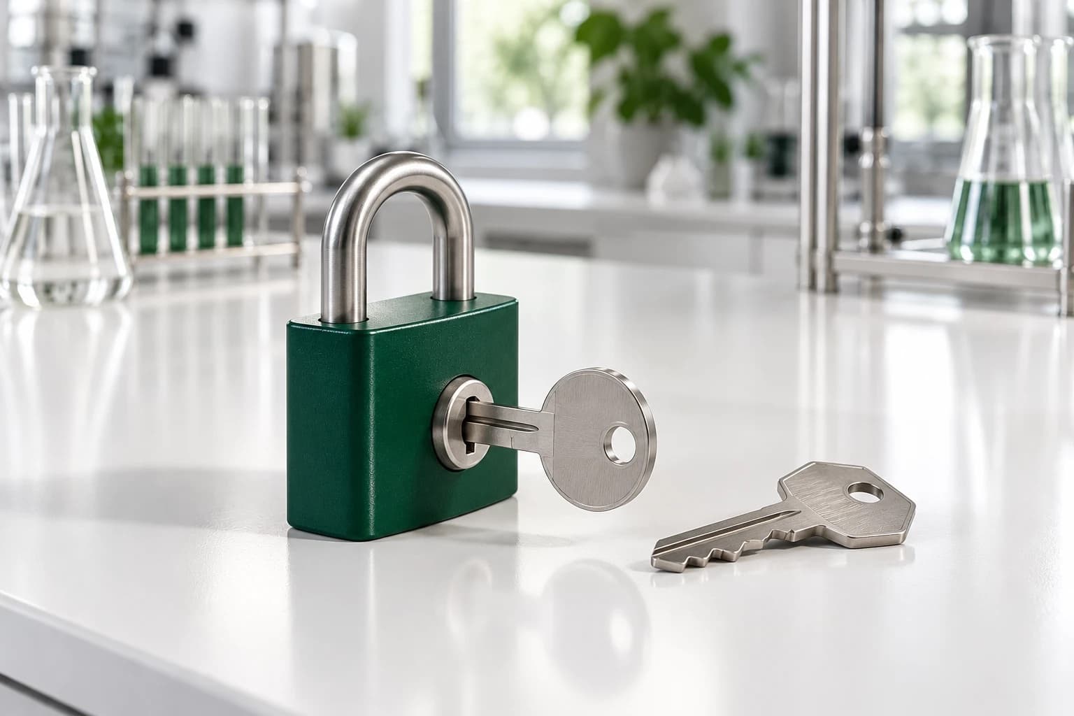 A deep-green padlock with a steel key in it, and a second key of a different shape lying beside it on a lab bench.