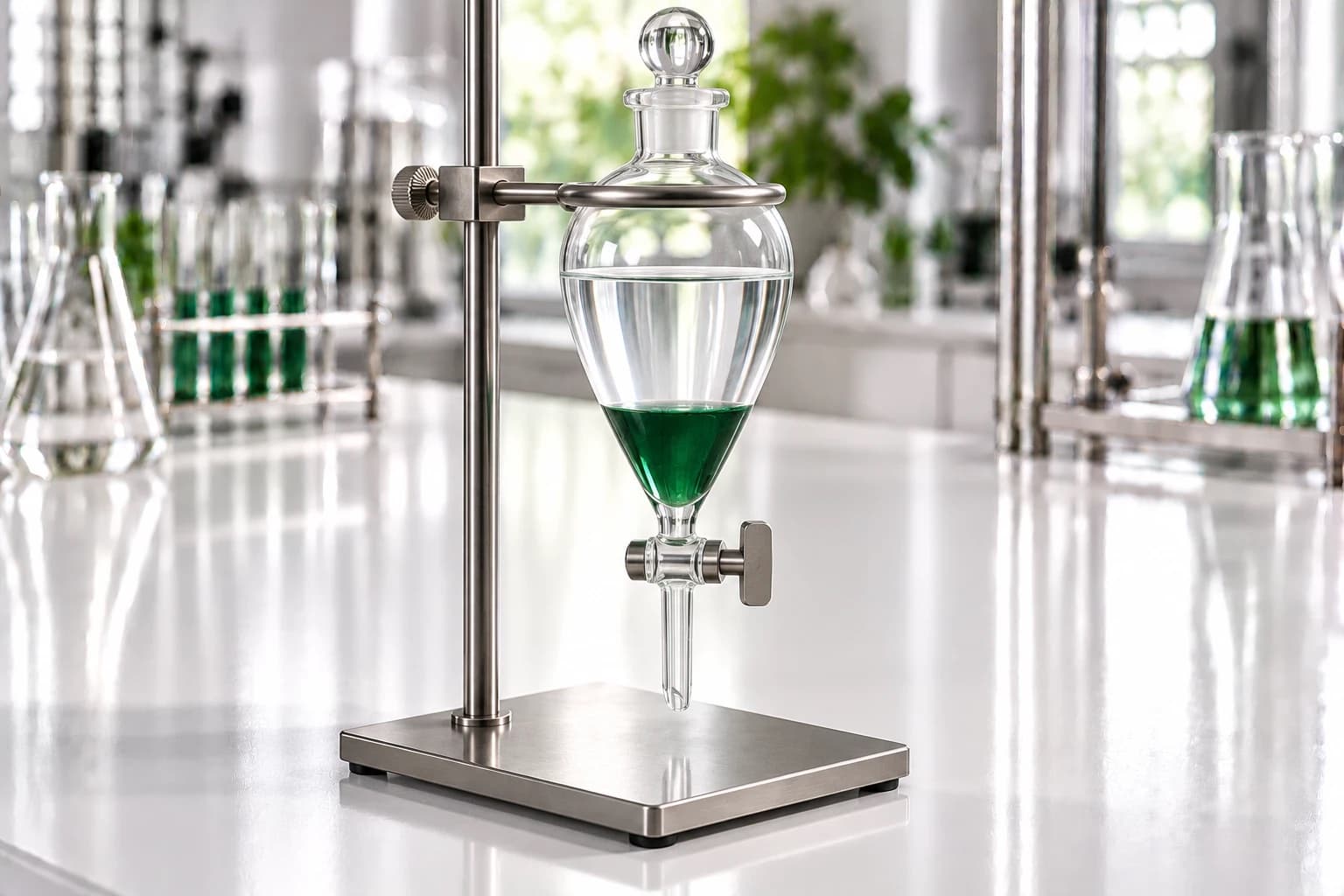 A glass separatory funnel held in a steel stand on a lab bench, with a deep-green layer settled beneath clear liquid.