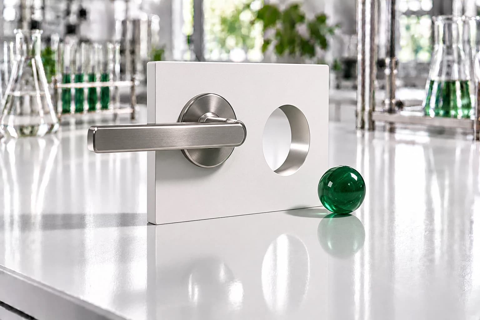 A white panel with a steel door handle and a round opening beside it, and a deep-green glass marble on the bench in front of the opening.