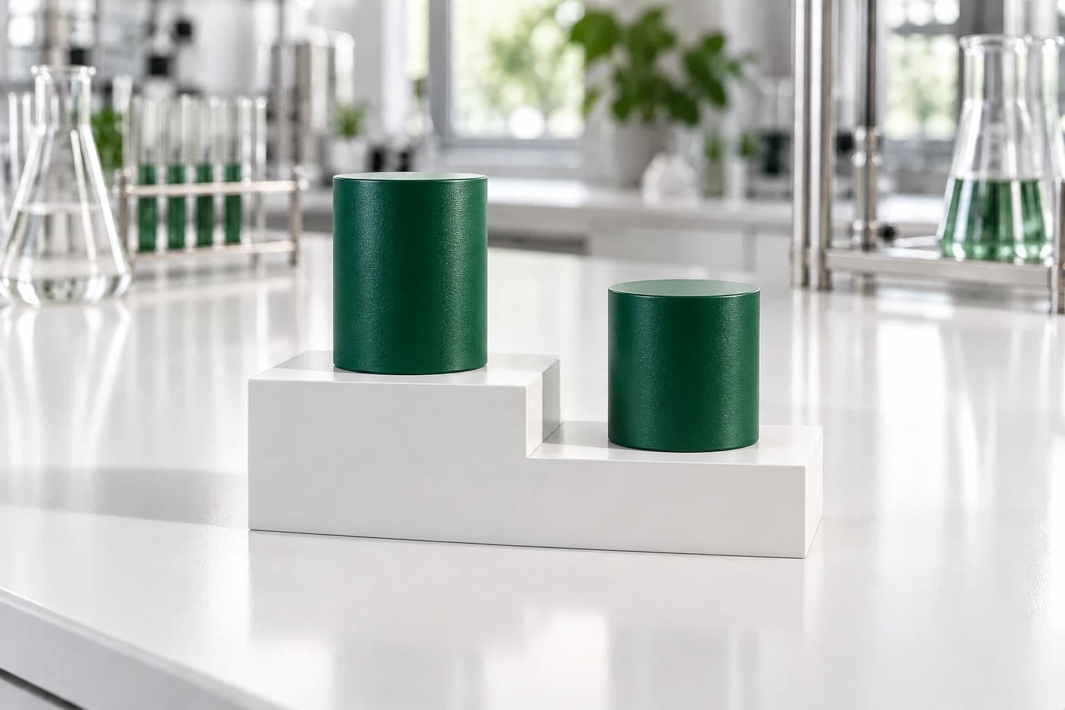 Two deep-green cylinders on a white two-step podium, one on the higher step and one on the lower.