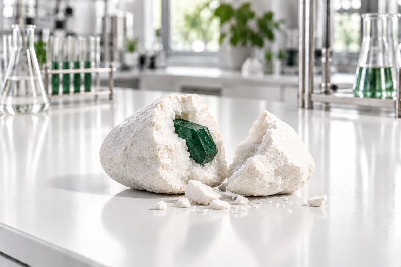 A white stone split open on a lab bench, revealing a deep-green crystal inside it.