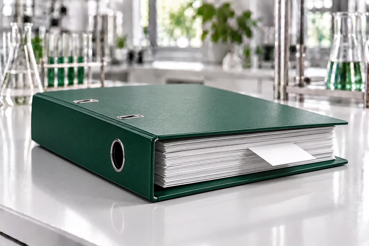 A thick deep-green binder lying closed on a lab bench, with a blank white card tucked between its pages.