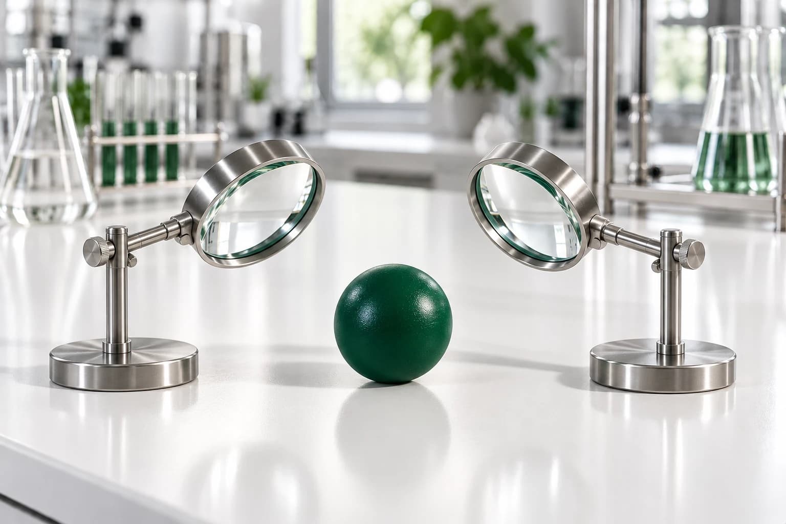 Two magnifying glasses on steel stands, set on either side of a single deep-green sphere and both aimed at it.