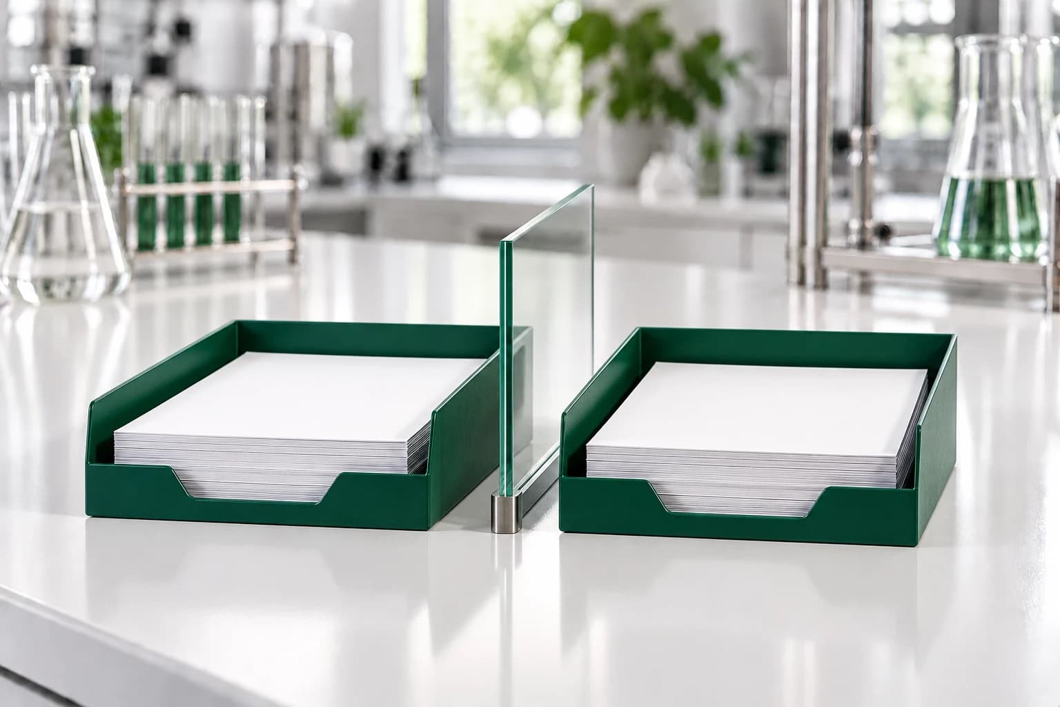 Two deep-green document trays of blank white sheets on a lab bench, separated by a clear glass divider.