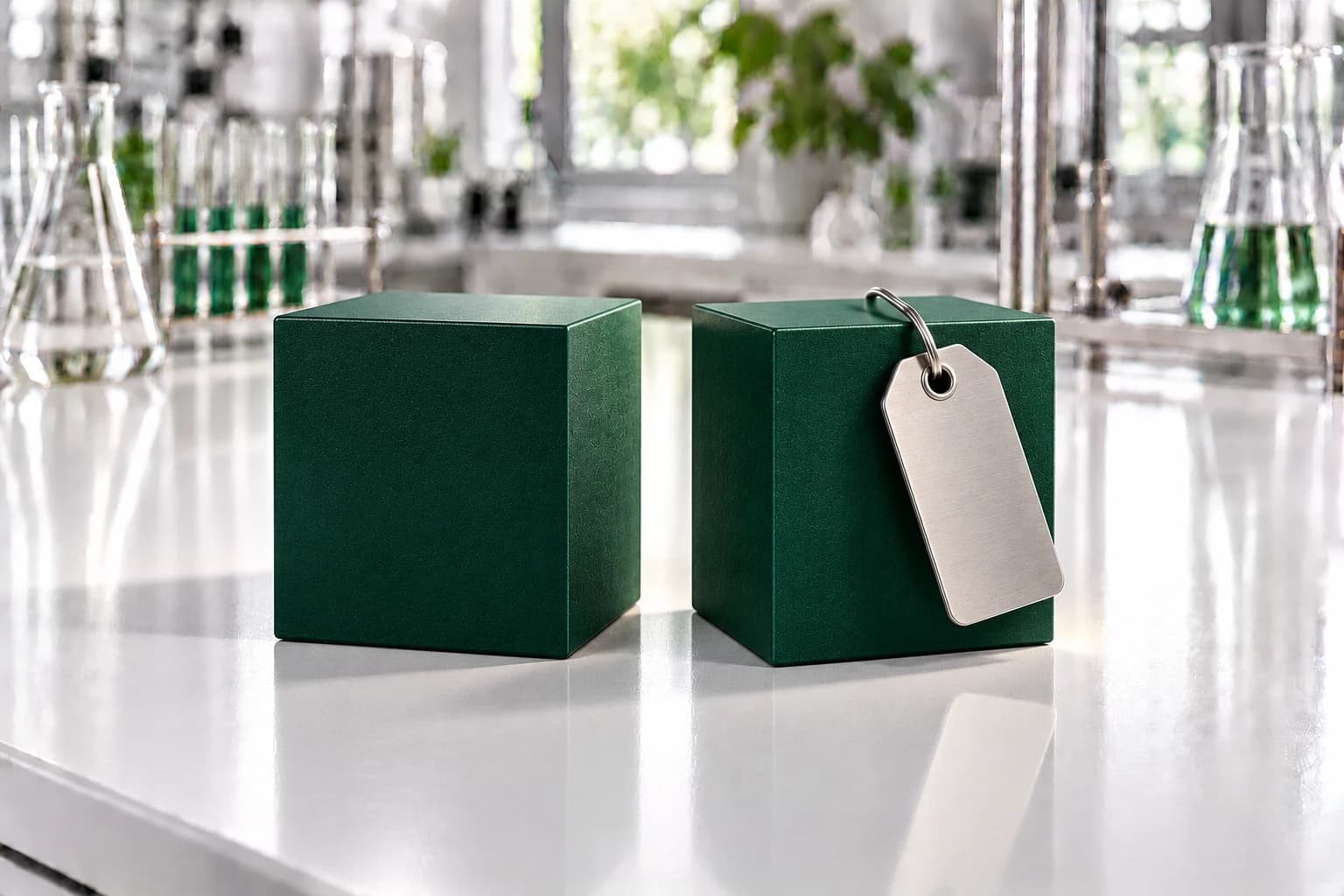 Two identical deep-green cubes on a white lab bench, with a blank steel tag hung on only one of them.