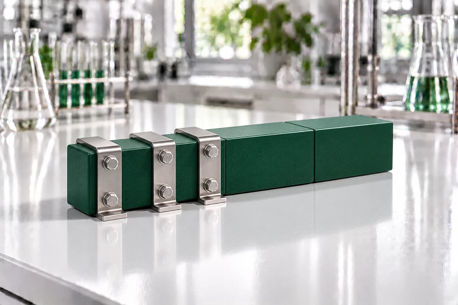 A deep-green beam made of segments on a lab bench, with three brushed-steel brackets bolted around one end.