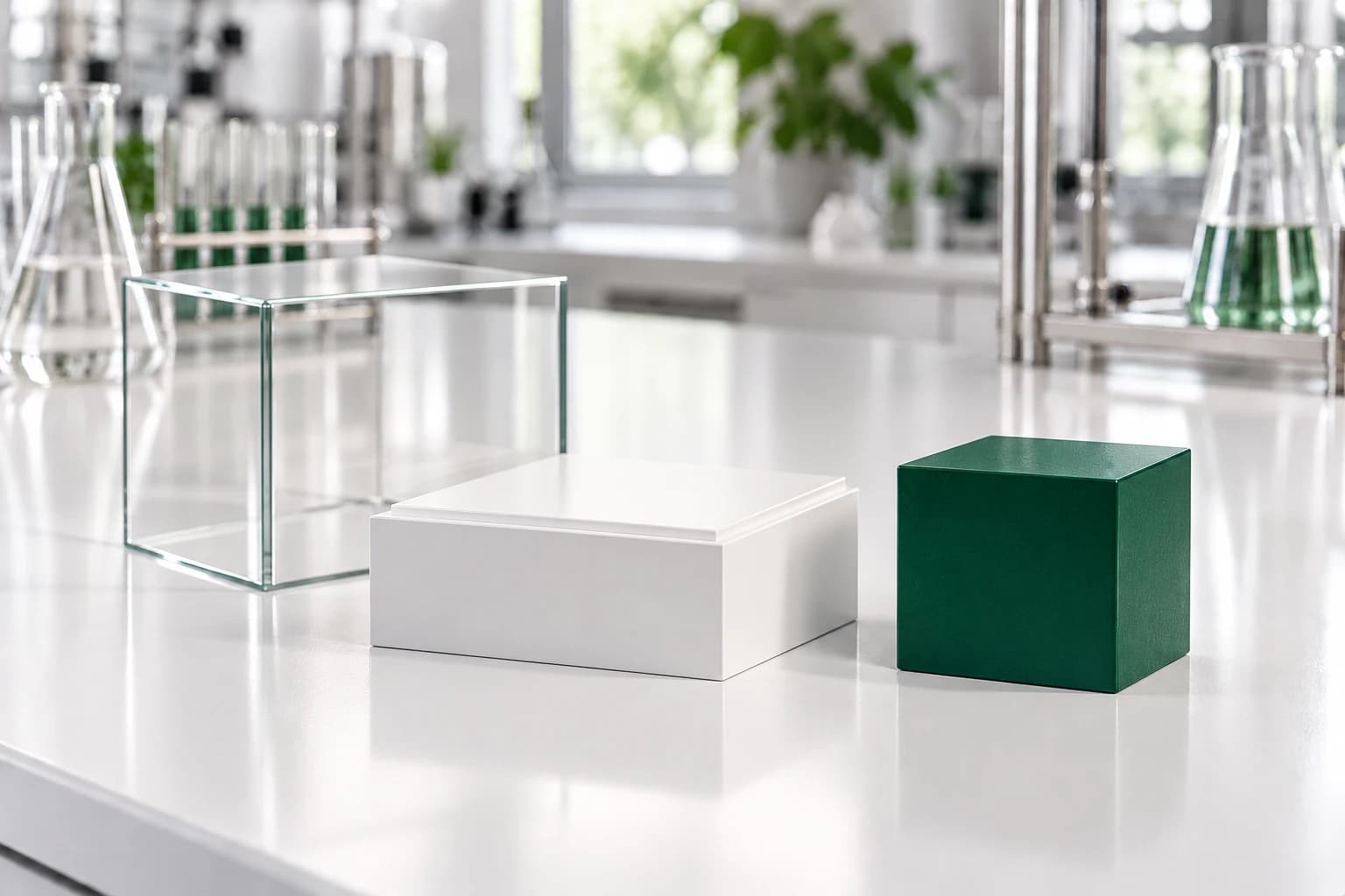 A clear glass display cover and a white plinth on a lab bench, with the deep-green cube that stood on it set down beside them.