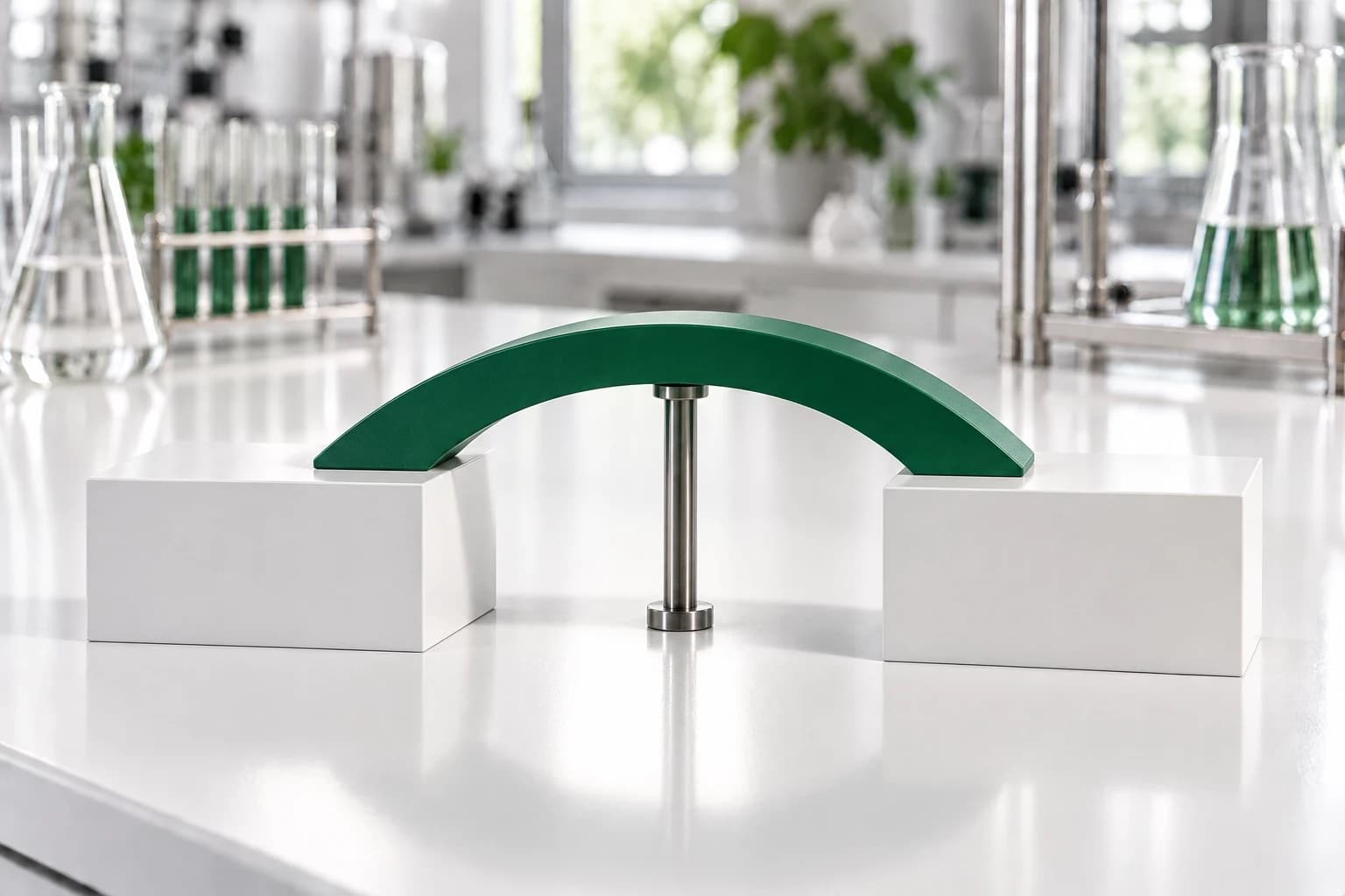 A deep-green arch bridging two white blocks on a lab bench, still resting on a slim steel prop in the middle.