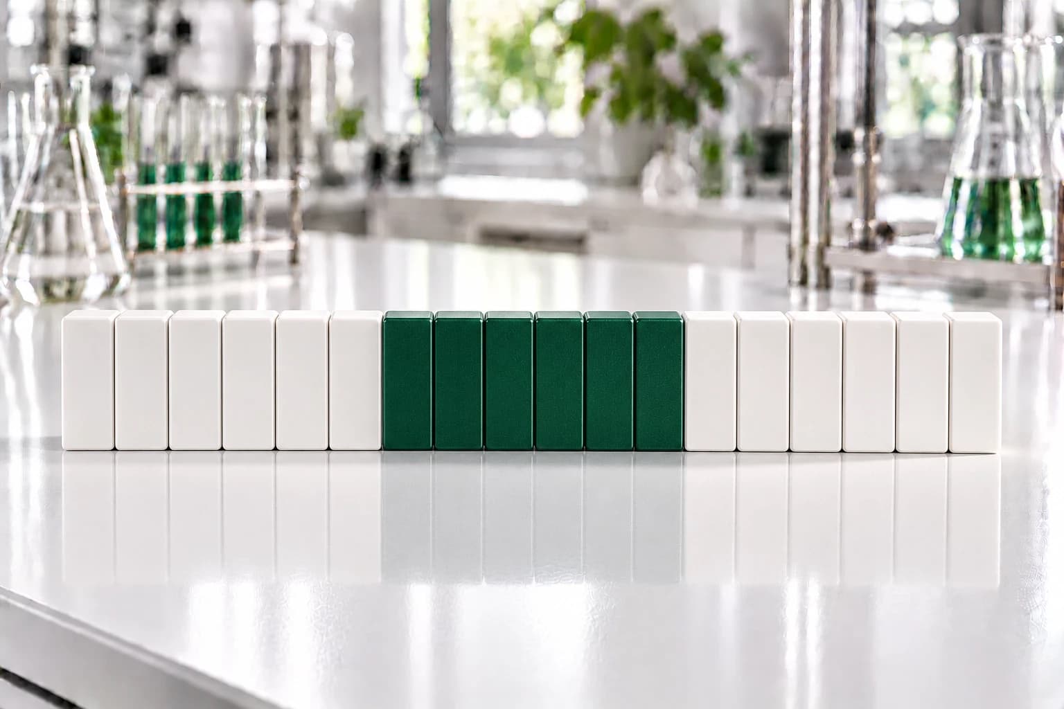 A row of white tiles standing on end on a lab bench, with a run of six deep-green tiles in the middle.