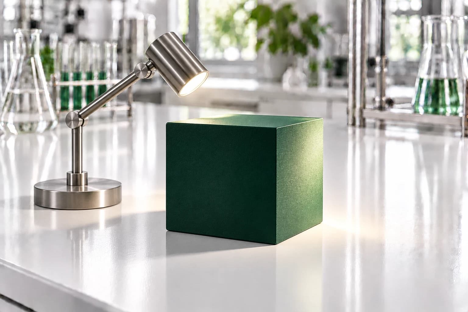 A brushed-steel lamp on an angled arm shining onto a deep-green block on a white lab bench.