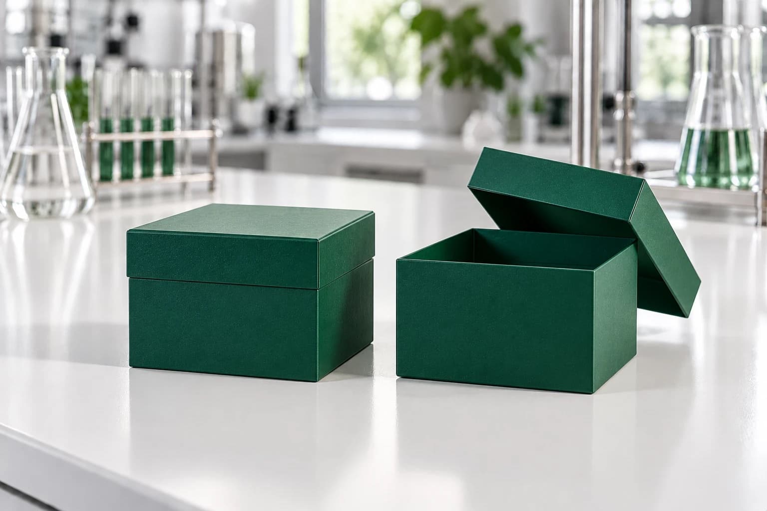 Two identical deep-green boxes on a lab bench, one closed and one open to show it is empty.