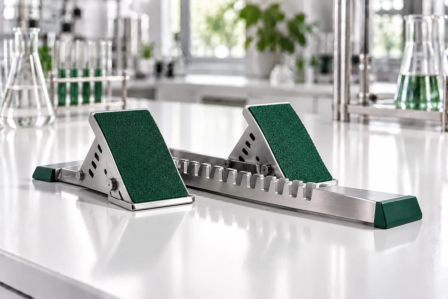A brushed-steel and deep-green sprint starting block on a white lab bench.