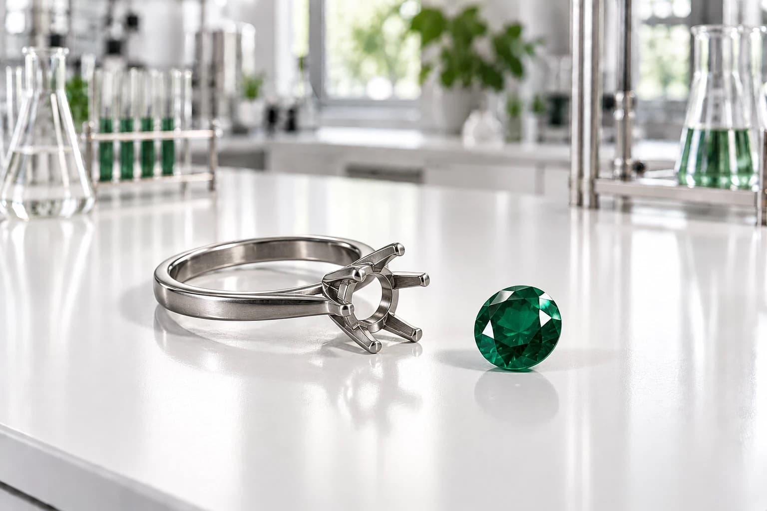 A steel ring with an empty claw setting on a white lab bench, its deep-green stone lying loose beside it.
