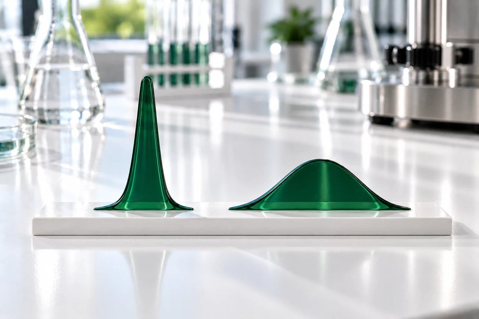 Two shapes cut from the same deep green glass stand on a long white base on a lab bench: on the left a tall, narrow peak, on the right a low, wide hill about a third as tall. Glass flasks, a rack of test tubes and a steel instrument are blurred behind.