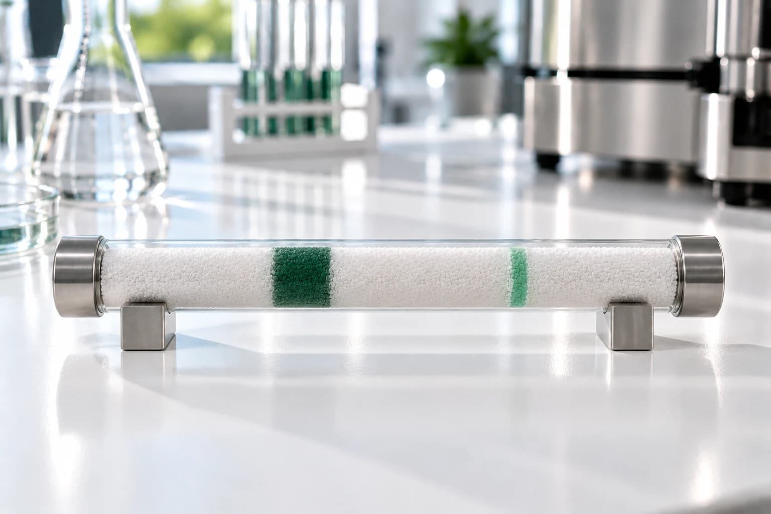 A clear glass tube packed with fine white particles rests on two brushed-steel stands on a white lab bench, capped with steel at both ends. Inside, a broad deep green band and, farther along, a thin paler green band are separated by white packing. Lab glassware and a steel instrument are blurred behind.
