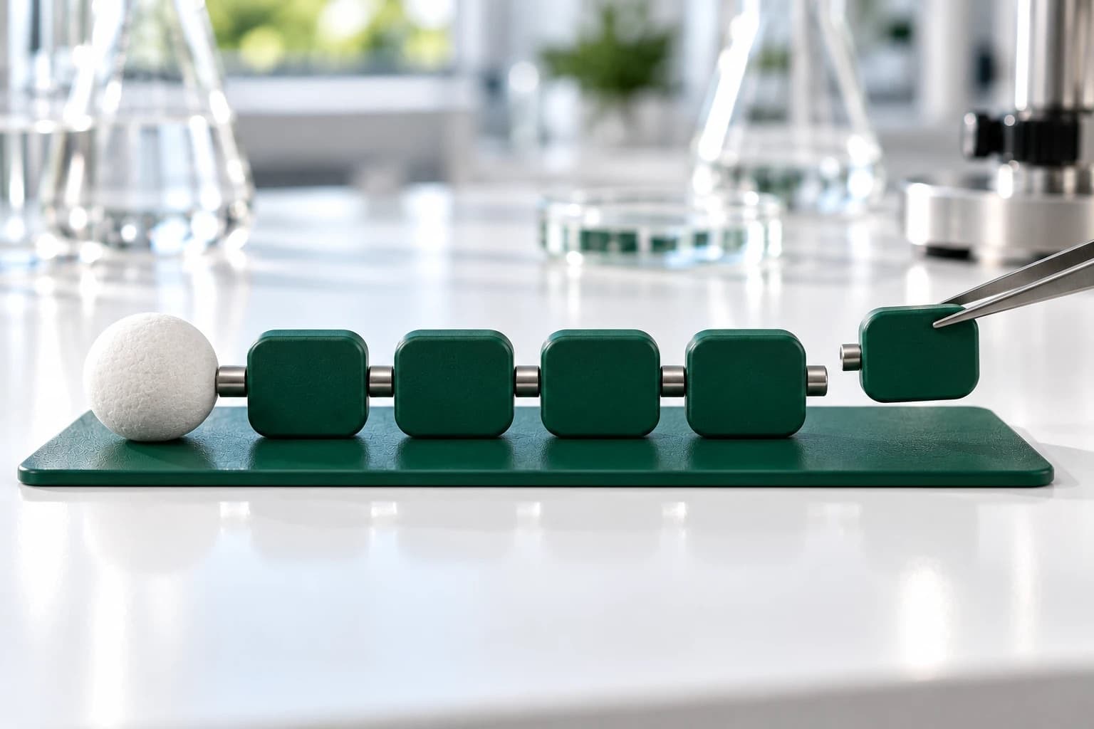 A textured off-white bead on a deep green mat on a white lab bench, joined by a short brushed-steel pin to a row of four deep green rounded tiles, each linked to the next by a steel pin. Fine steel tweezers hold a fifth tile of the same size just off the right-hand end of the row, about to join it on. Conical flasks and a petri dish are blurred behind.