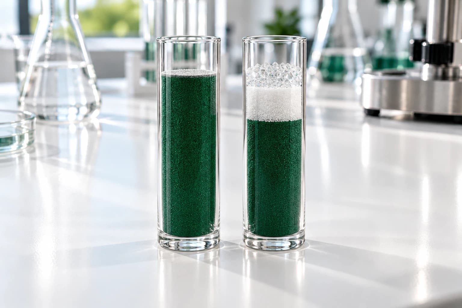 Two identical clear glass cylinders on a white lab bench. The left one is filled almost to the top with deep green sand under a thin pale band; the right one holds deep green sand in its lower two-thirds, topped by a band of white crystals and a layer of clear granules. Lab glassware and a steel instrument are blurred behind.