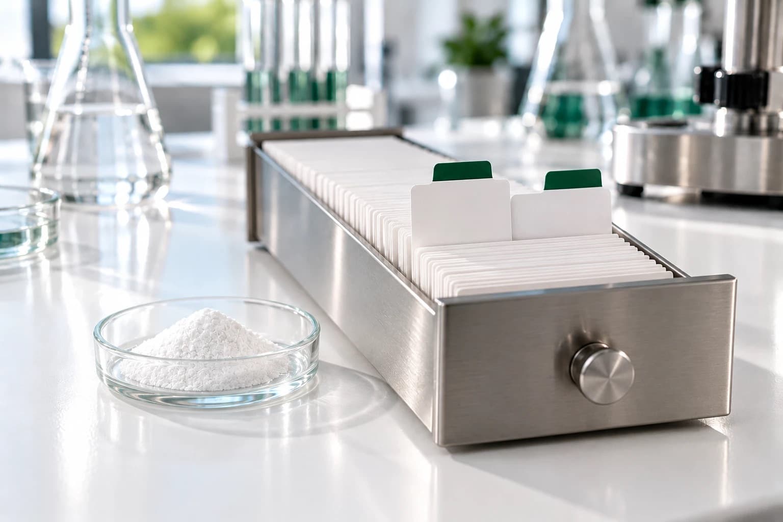 A brushed-steel card-index drawer on a white lab bench, packed with blank white cards. Two cards side by side stand raised above the rest, each with a deep green tab. Beside the drawer, a shallow glass dish holds a small heap of white powder. Lab glassware is blurred behind.