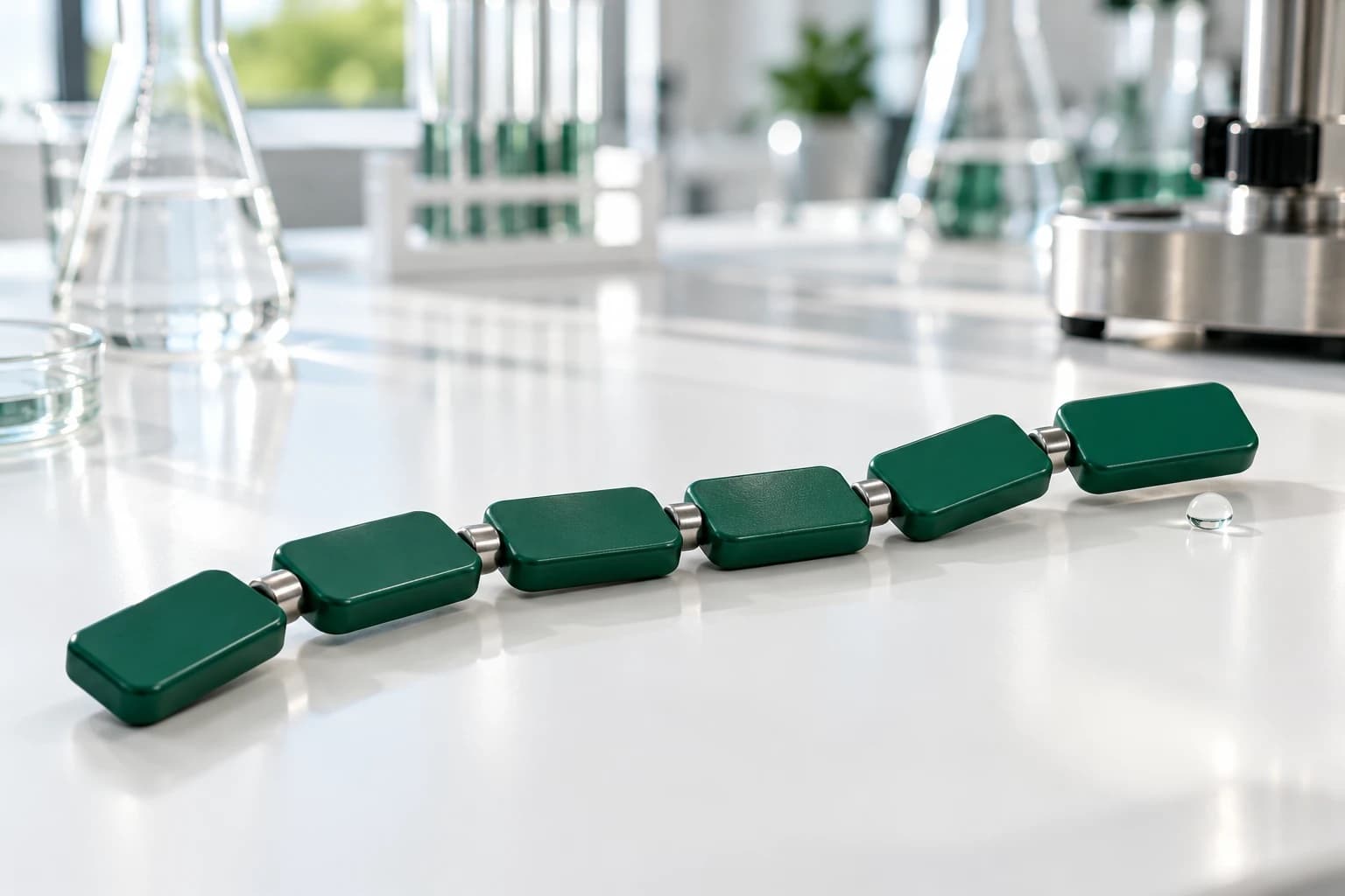 A chain of six flat green tiles linked by steel swivel joints on a white lab bench, with a water droplet beside the end of the chain.