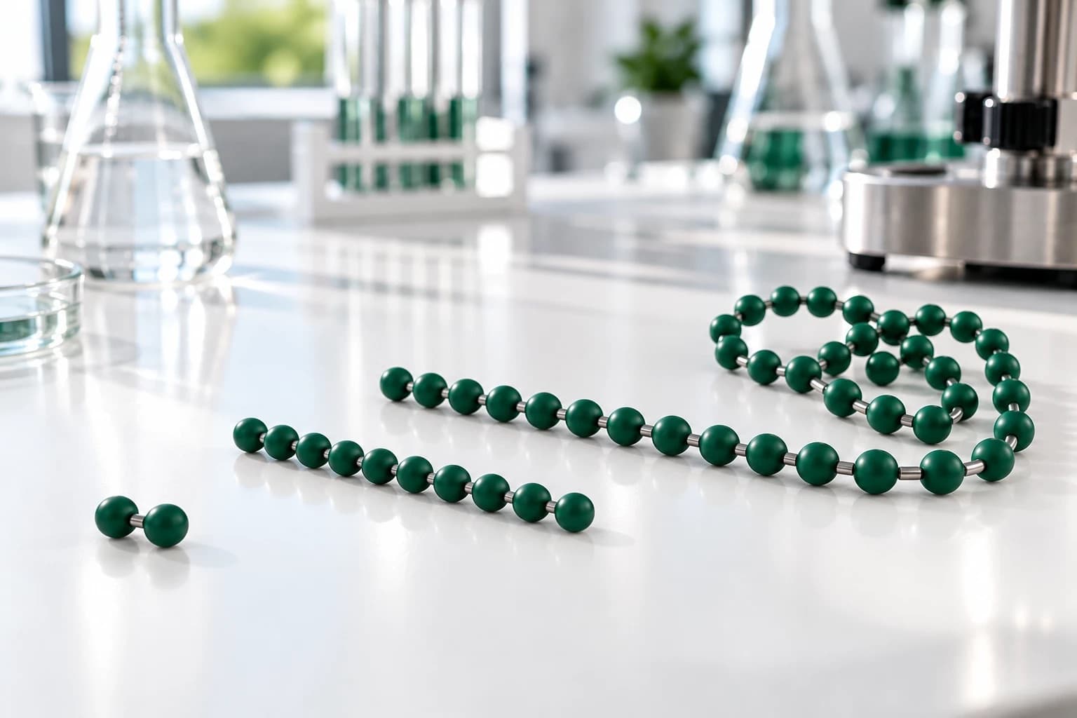 Three strings of identical deep green beads on a white lab bench: a pair of beads, a short straight string and a much longer string that gathers into a loose coil, with lab glassware softly blurred behind.