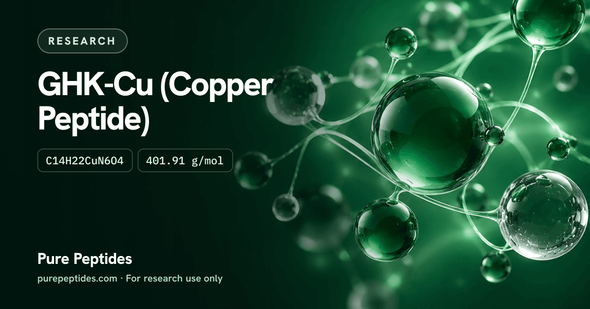 GHK-Cu Research: the compound's name and figures from the product database, over abstract artwork