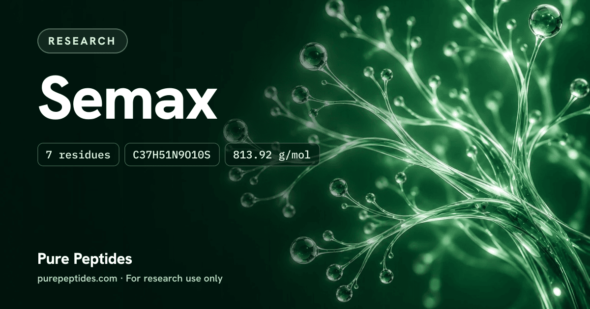Semax Research: the compound's name and figures from the product database, over abstract artwork
