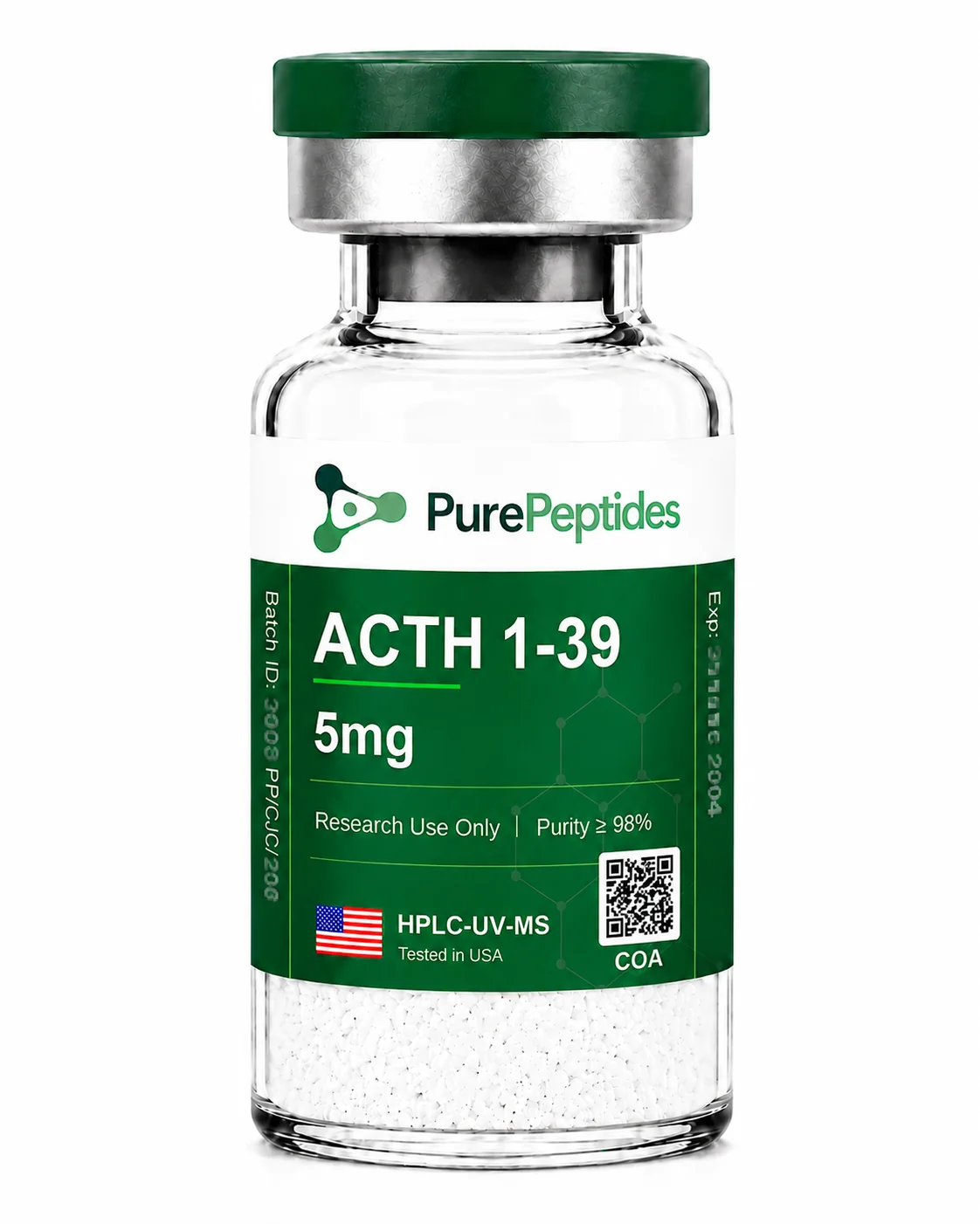 ACTH 1-39 péptido de investigación, ≥98% pureza por HPLC, CAS 9002-60-2, polvo liofilizado para investigación de laboratorio in vitro, Pure Peptides