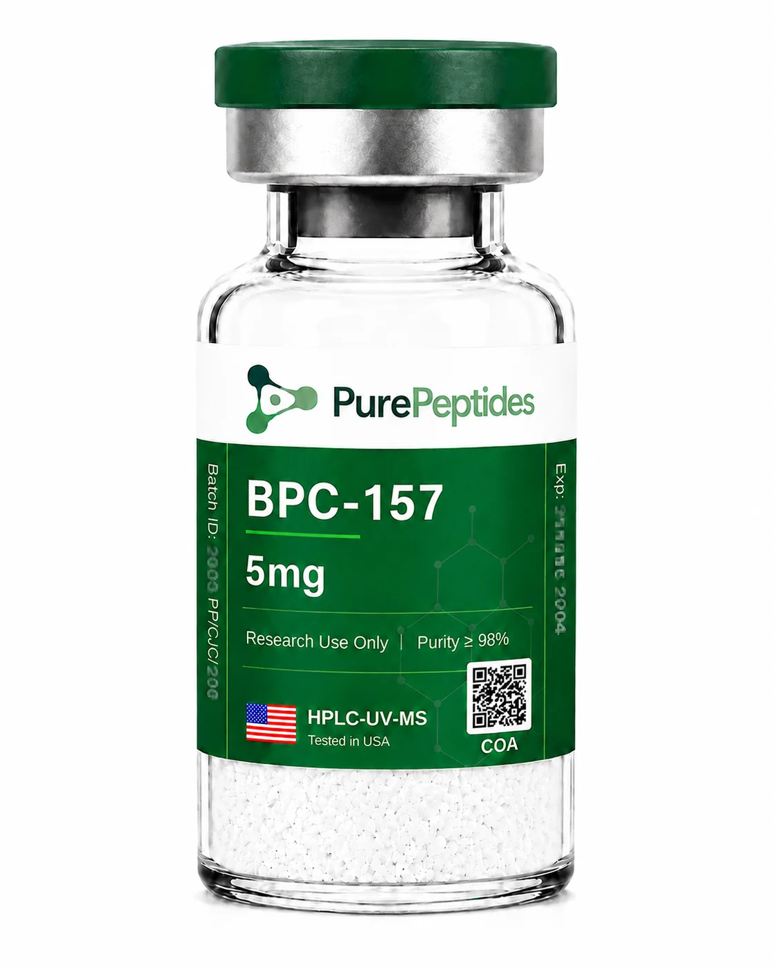 BPC-157 péptido de investigación, ≥98% pureza por HPLC, CAS 137525-51-0, polvo liofilizado para investigación de laboratorio in vitro, Pure Peptides