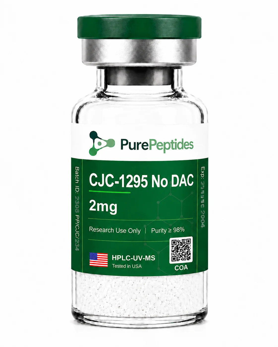 CJC-1295 (No DAC) research peptide, ≥98% purity by HPLC, CAS 863288-34-0, lyophilized powder for in-vitro laboratory research, Pure Peptides