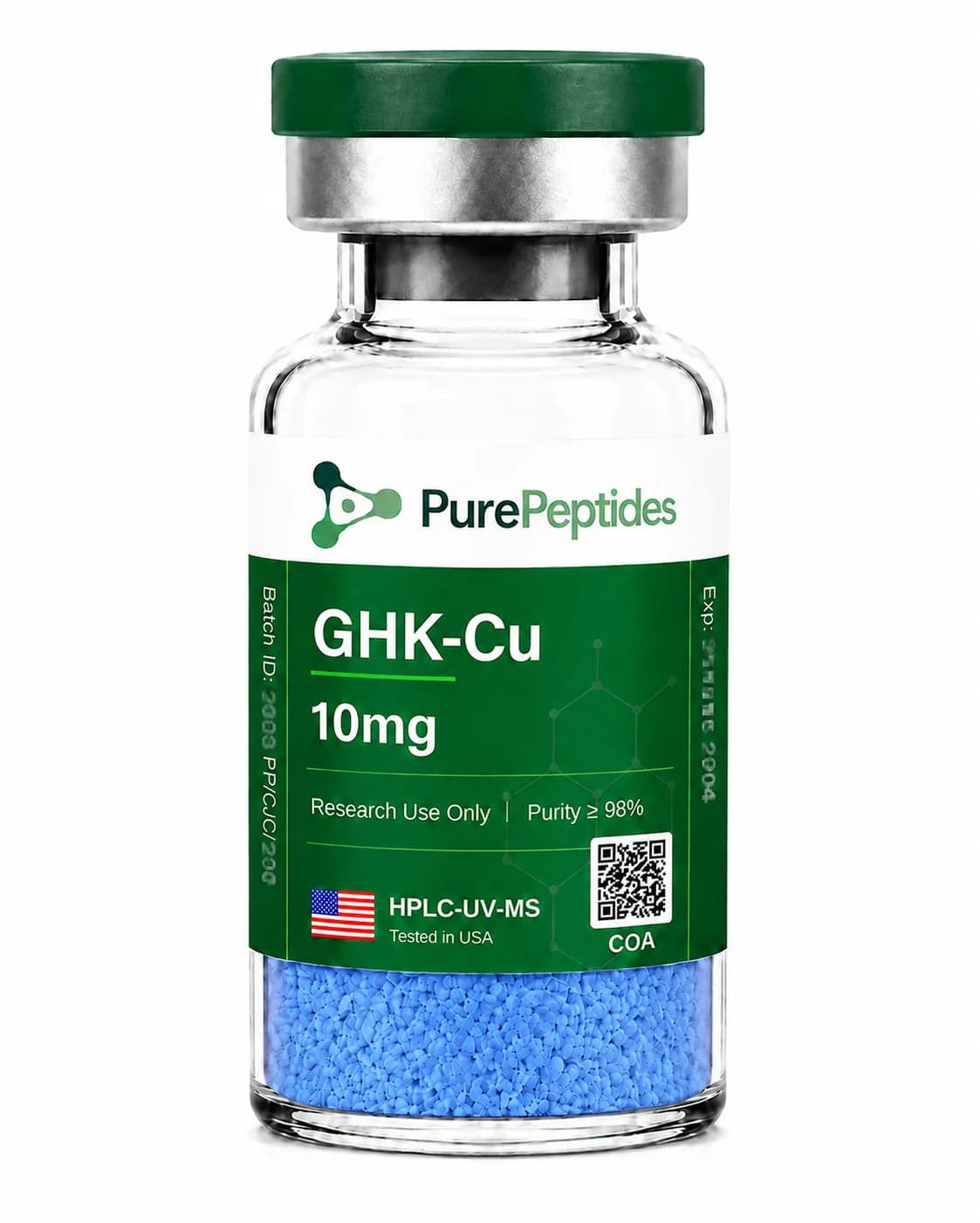 GHK-Cu (Copper Peptide) research peptide, ≥98% purity by HPLC, CAS 89030-95-5, lyophilized powder for in-vitro laboratory research, Pure Peptides