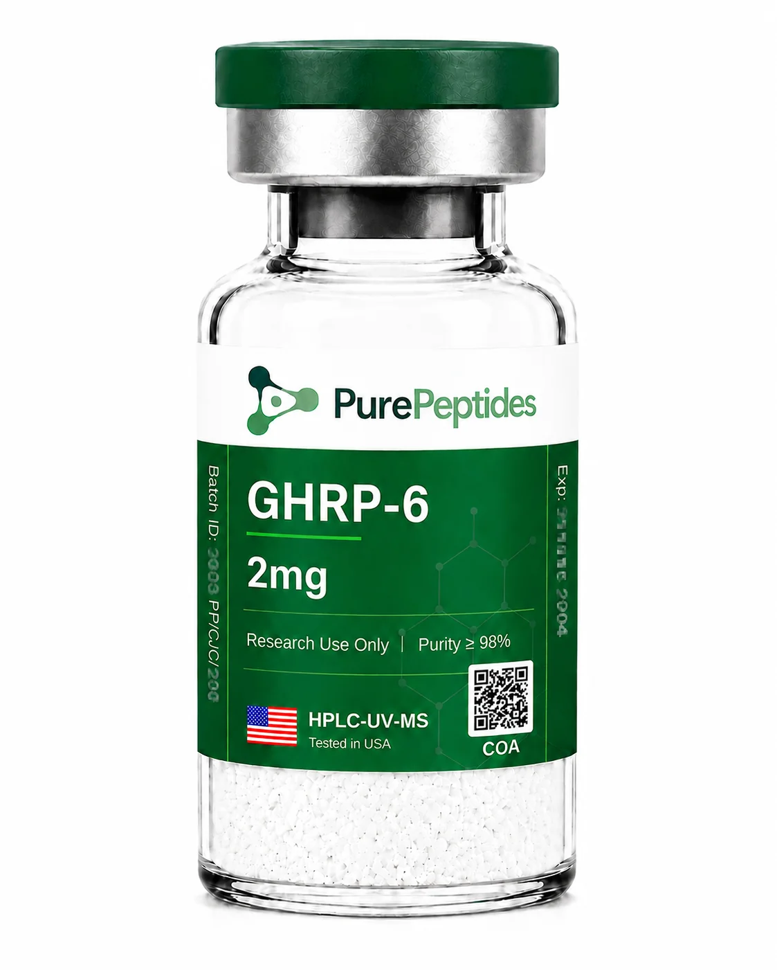 GHRP-6 research peptide, ≥98% purity by HPLC, CAS 87616-84-0, lyophilized powder for in-vitro laboratory research, Pure Peptides