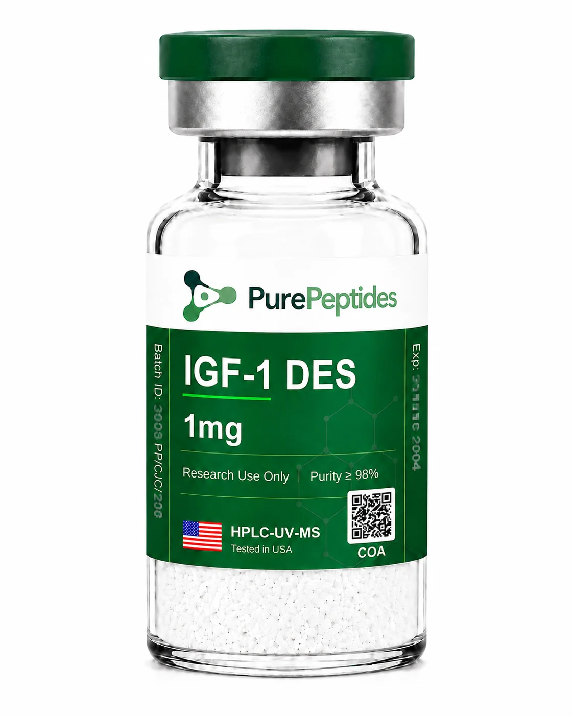 IGF-1 DES proteína de investigación, ≥98% pureza por HPLC, CAS 112603-35-7, polvo liofilizado para investigación de laboratorio in vitro, Pure Peptides
