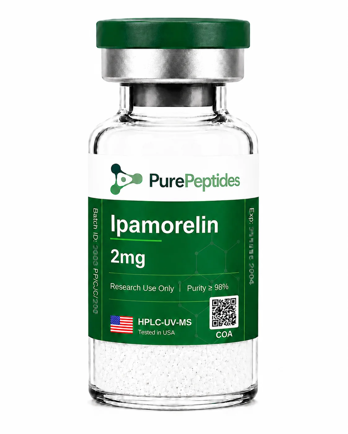 Ipamorelin research peptide, ≥98% purity by HPLC, CAS 170851-70-4, lyophilized powder for in-vitro laboratory research, Pure Peptides