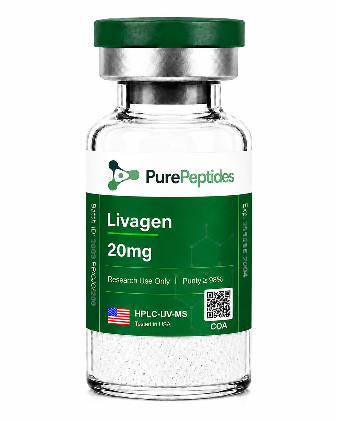 Livagen péptido de investigación, ≥98% pureza por HPLC, CAS N/A (pending), polvo liofilizado para investigación de laboratorio in vitro, Pure Peptides