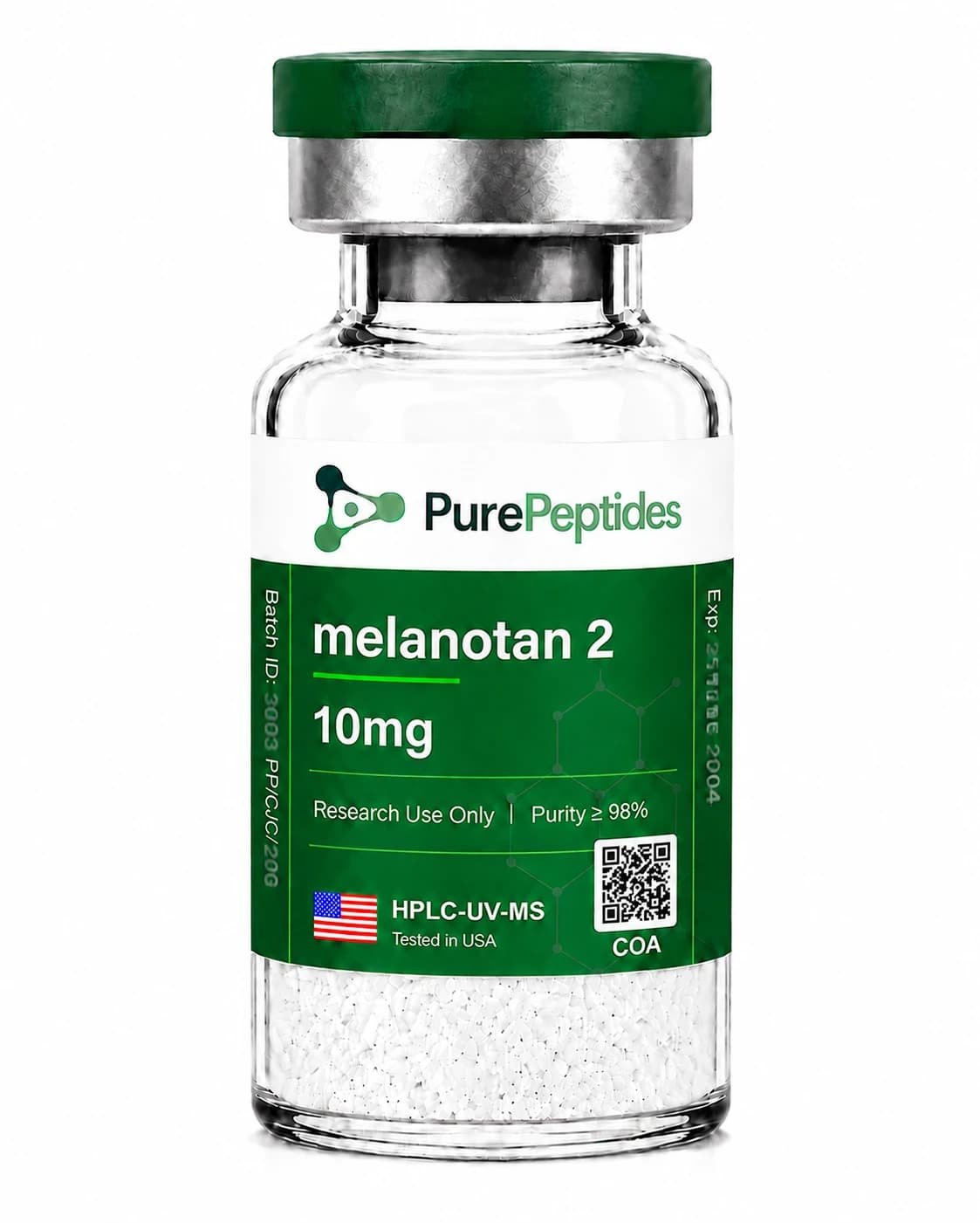 Melanotan II research peptide, >99% purity by HPLC, CAS 121062-08-6, also known as MT-2, MT-II, lyophilized powder for in-vitro laboratory research, Pure Peptides