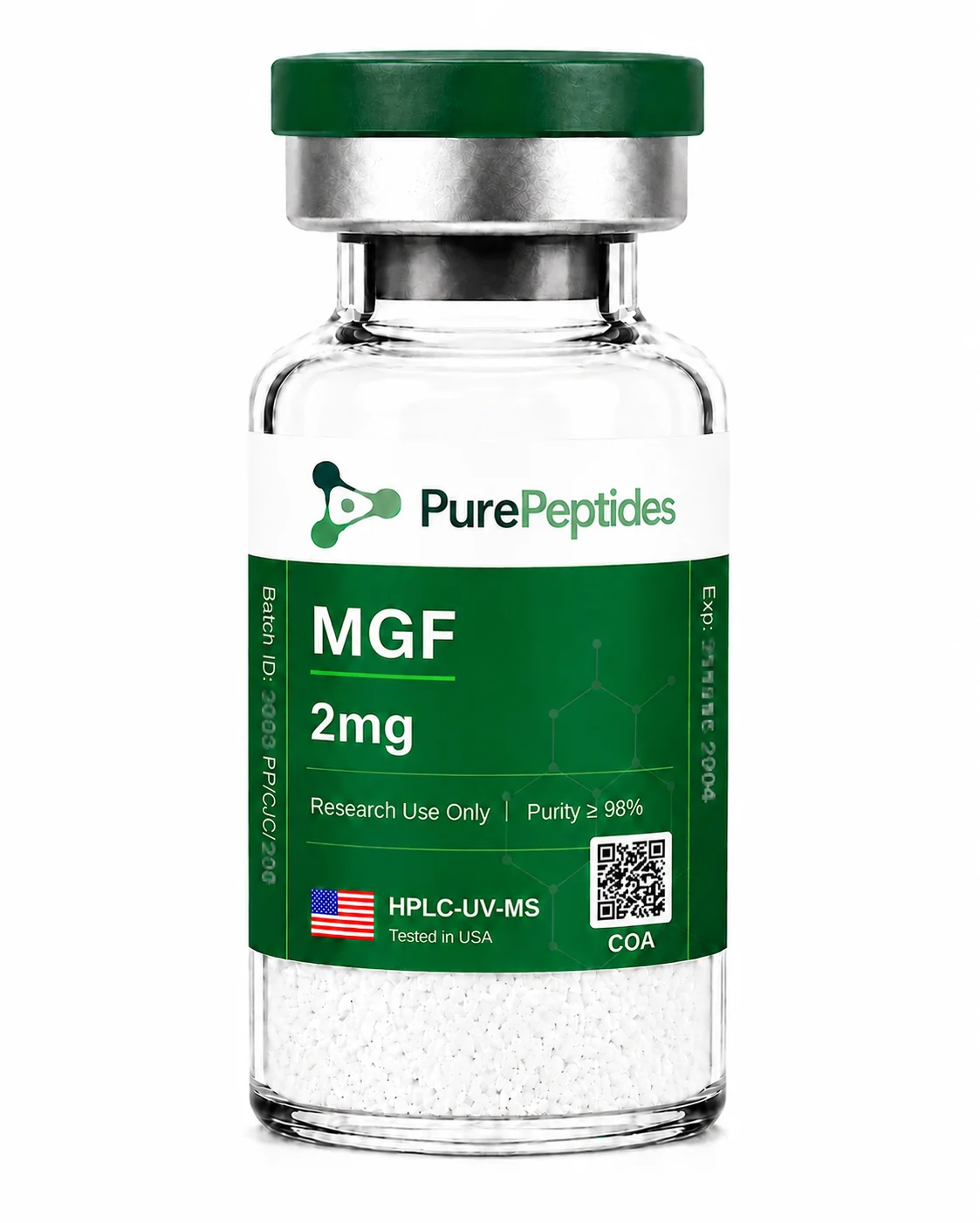 MGF (Mechano Growth Factor) péptido de investigación, ≥98% pureza por HPLC, CAS 162809-23-6, polvo liofilizado para investigación de laboratorio in vitro, Pure Peptides