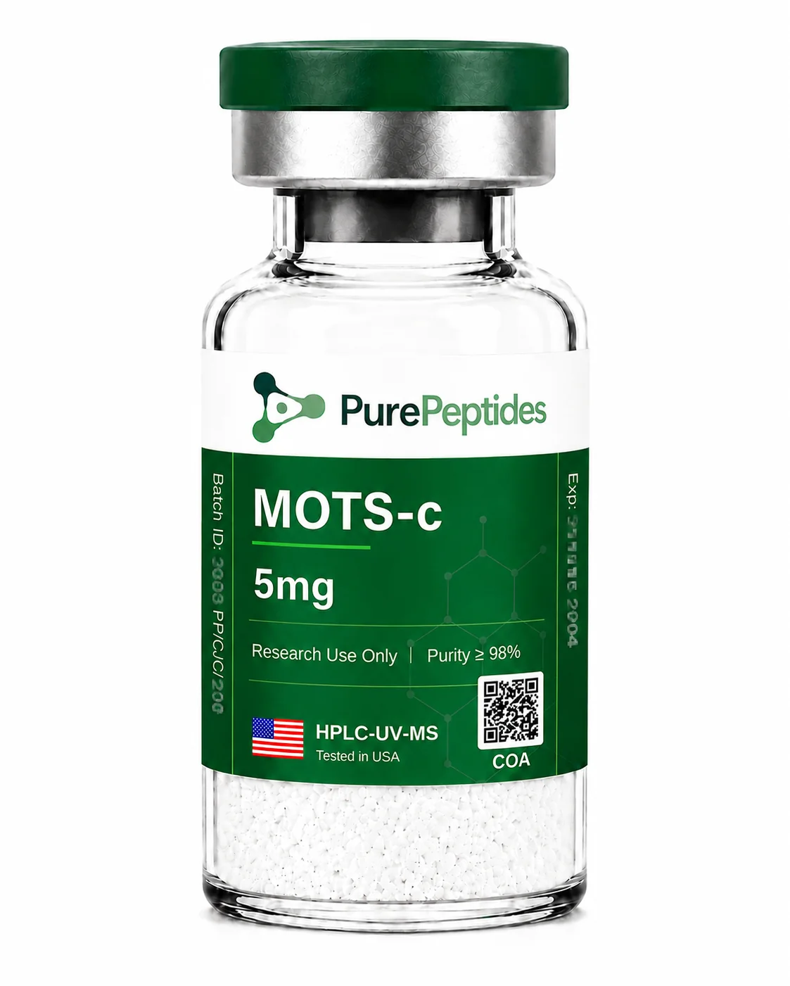 MOTS-c research peptide, ≥98% purity by HPLC, CAS 1627580-64-6, lyophilized powder for in-vitro laboratory research, Pure Peptides