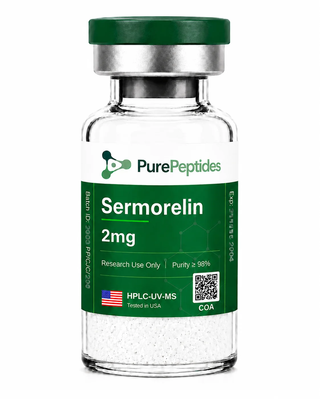 Sermorelin péptido de investigación, ≥98% pureza por HPLC, CAS 86168-78-7, polvo liofilizado para investigación de laboratorio in vitro, Pure Peptides