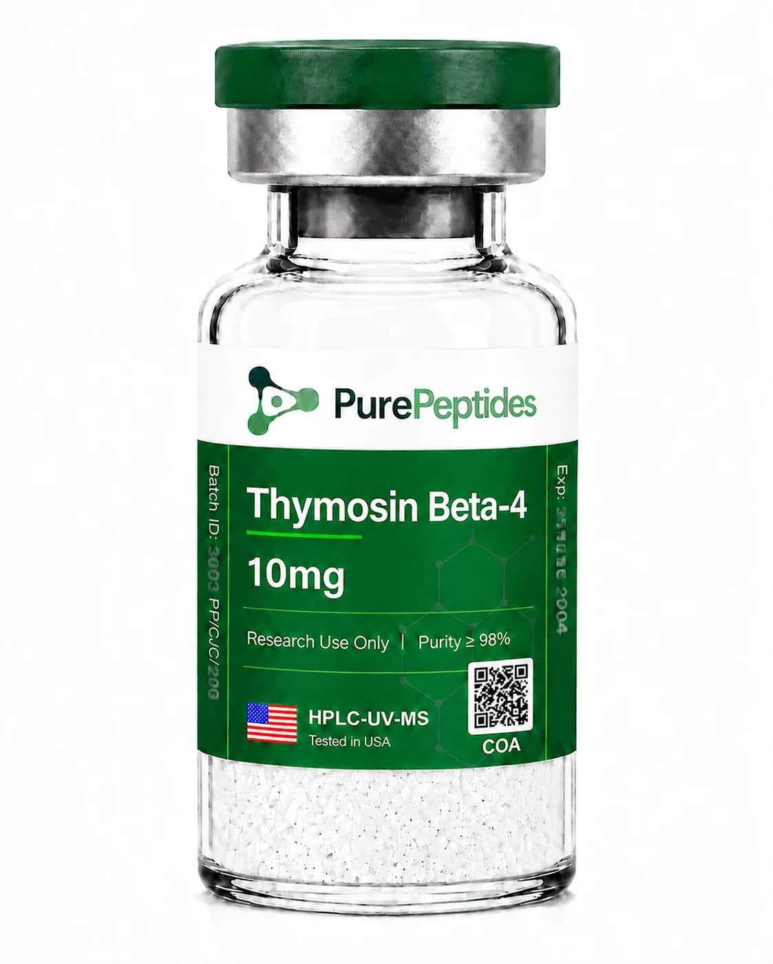 Thymosin Beta-4 research peptide, ≥98% purity by HPLC, CAS 77591-33-4, also known as Tβ4, TB4, lyophilized powder for in-vitro laboratory research, Pure Peptides