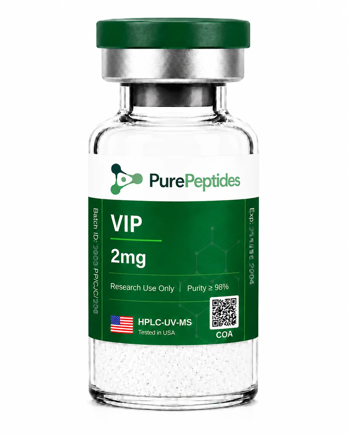 VIP (Vasoactive Intestinal Peptide) research peptide, ≥98% purity by HPLC, CAS 37221-79-7, lyophilized powder for in-vitro laboratory research, Pure Peptides