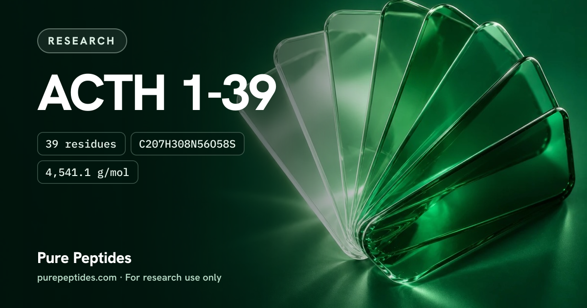 ACTH 1-39 Research: the compound's name and figures from the product database, over abstract artwork