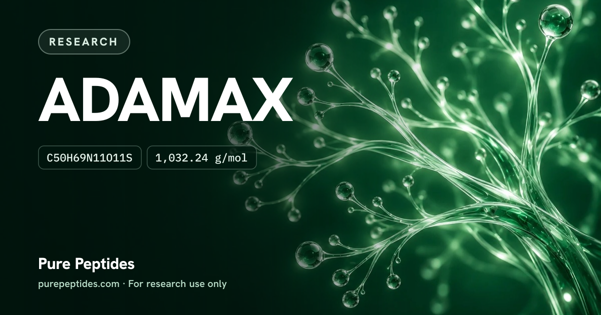 ADAMAX Research: the compound's name and figures from the product database, over abstract artwork